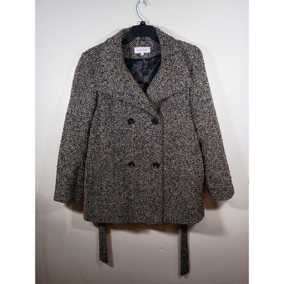 Calvin Klein Herringbone Double Breasted Wool Blend Belt Tweed Pea Coat Size 16 - Picture 1 of 8